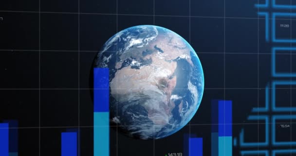 Animation Der Statistischen Datenverarbeitung Über Den Globus Gegen Weltkarte Auf — Stockvideo