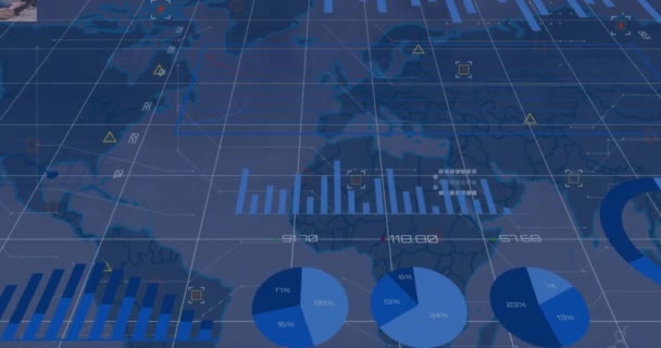 Animace Zpracování Finančních Dat Přes Mřížku Mapu Světa Globální Koncepce — Stock video