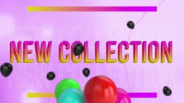 新しいコレクションテキストバナーに対するカラフルな風船と黒い風船の束のアニメーション ファッションと小売ビジネスコンセプト — ストック動画