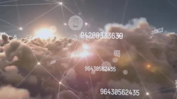 Animação Números Mudança Rede Conexões Ícones Digitais Contra Nuvens Céu — Vídeo de Stock