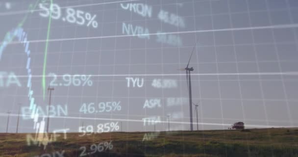 草原上旋转风车上的金融和股票市场数据处理动画 全球金融和可再生能源技术概念 — 图库视频影像
