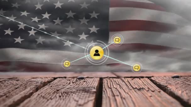 Animação Pessoas Conectadas Ícones Mensagens Sobre Bandeira América Nuvens Mesa — Vídeo de Stock