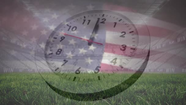 Animation Clock Flag America Low Angle View Grass Empty Stadium — Stock Video