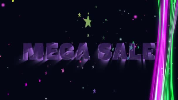 Animacja Mega Tekstu Sprzedaży Linii Kolorowe Gwiazdy Spadające Czarne Tło — Wideo stockowe