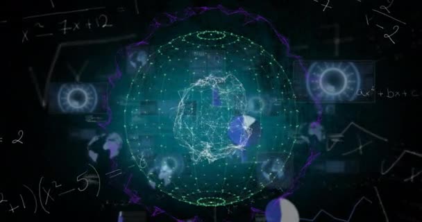 旋转球面上圆形扫描仪 数学方程和数据处理的动画化 全球联网和商业技术概念 — 图库视频影像