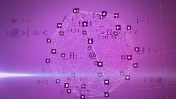 紫色の背景に対するデジタルアイコンの世界中のシンボルとライトスポットを変えるアニメーション グローバルネットワーキングとビジネス技術コンセプト — ストック動画