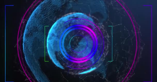 Animacja Sieci Połączeń Zakresu Skanowania Wirującego Kuli Ziemskiej Niebieskim Tle — Wideo stockowe