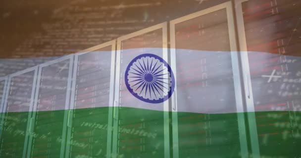 Animación Del Lenguaje Informático Bandera India Sobre Bastidores Servidores Datos — Vídeo de stock