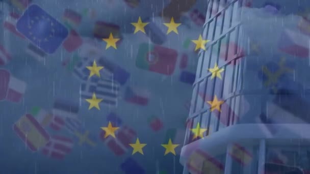 Animação Bandeira União Europeia Várias Bandeiras Nacionais Sobre Construção Durante — Vídeo de Stock
