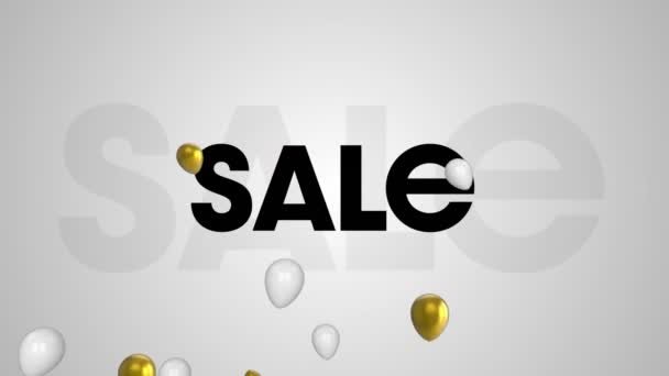 Animace Zlatých Bílých Balónků Plovoucích Nad Prodejním Textovým Praporem Šedém — Stock video