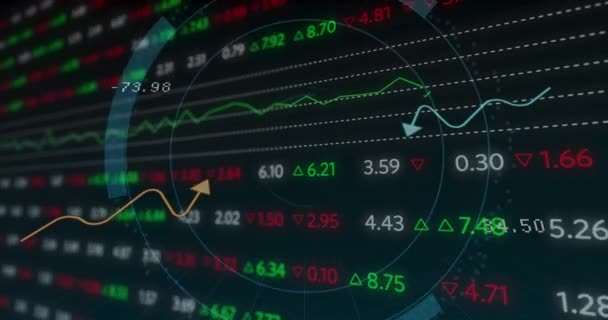 针对股票市场数据处理 在圆形扫描仪上动画防火墙图标 全球经济和网络安全技术概念 — 图库视频影像