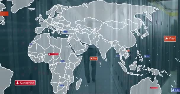 Animação Mapa Mundo Processamento Dados Sobre Servidores Computador Conceito Global — Vídeo de Stock