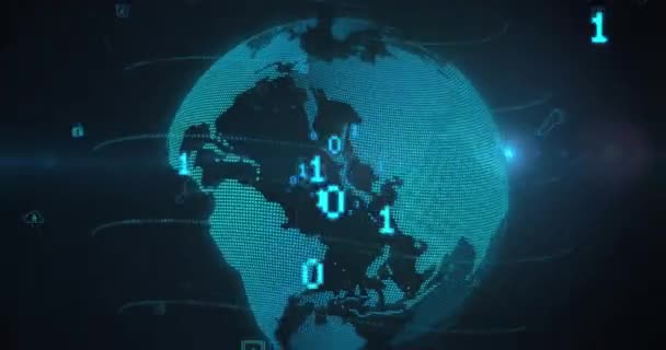 Анімація Двійкового Кодування Світла Пляма Над Обертовим Глобусом Синьому Фоні — стокове відео