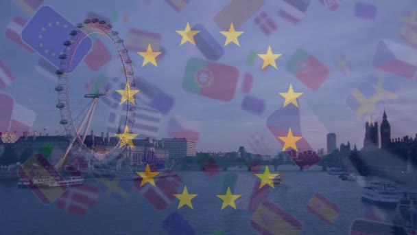 Animation Der Flagge Der Europäischen Union Und Der Nationalflaggen Über — Stockvideo