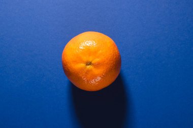 Mandalinayı kapat ve mavi arkaplana kopyala. Meyve, egzotik meyve, yiyecek, tazelik ve renk kavramı.