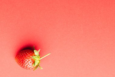 Çileği kapat ve kırmızı arkaplanda kopyala. Meyve, meyve, yiyecek, tazelik ve renk kavramı.