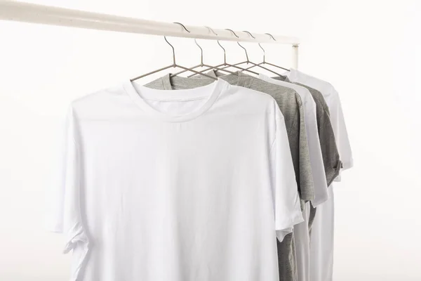 White Grey Shirts Hangers Hanging Clothes Rail Copy Space White — Stock Photo, Image