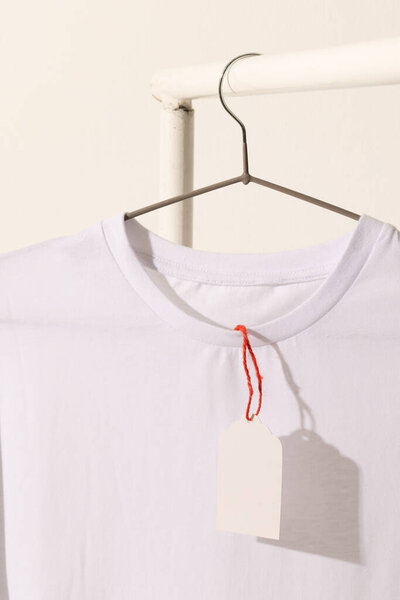 White t shirt with tag hanging from clothes rack with copy space on white background. Fashion, clothes, colour and fabric concept.
