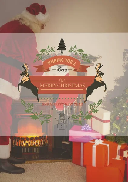 クリスマスプレゼントとサンタクロースの上のメリークリスマステキストの構成 クリスマス お祭り お祝い 伝統的なコンセプトデジタル生成イメージ — ストック写真