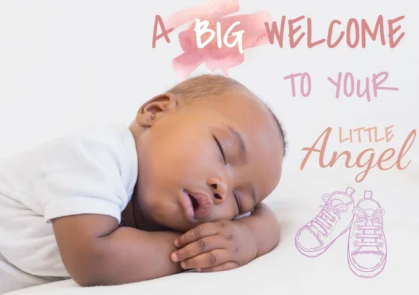 Composition of a big welcome to your little angel with african american baby sleeping and booties. New baby, celebration and well wishing concept digitally generated image.