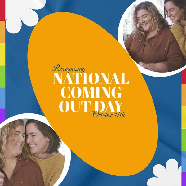 Collage Caucasian Young Lesbian Couple Recognizing National Coming Out Day — Stock Photo, Image