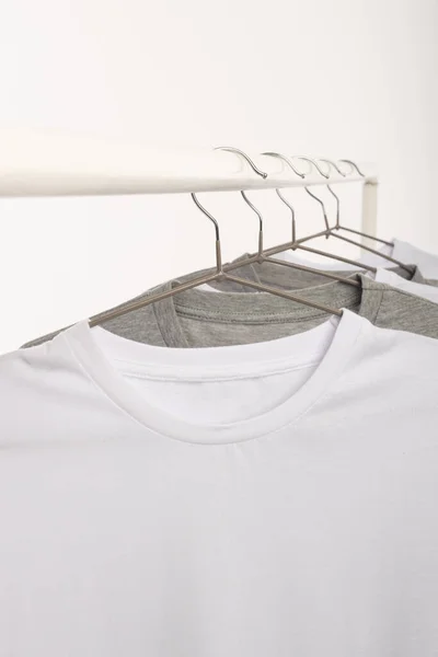 White Grey Shirts Hangers Hanging Clothes Rail Copy Space White — Stock Photo, Image