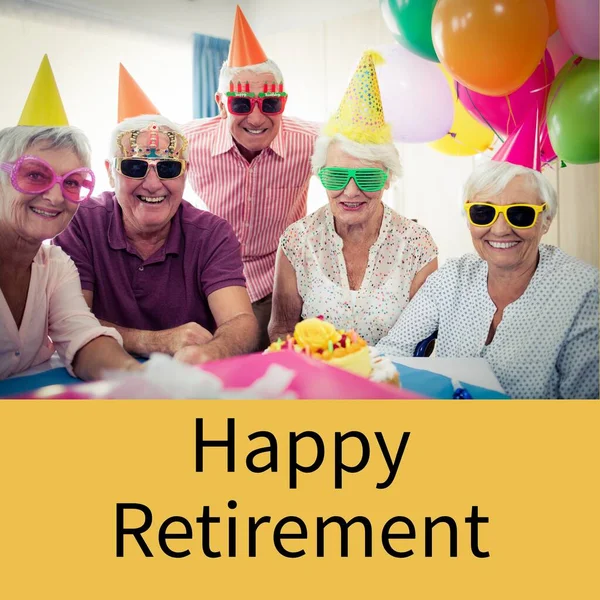 Composition Happy Retirement Text Senior Caucasian People Party Hats Retirement — Stock Photo, Image