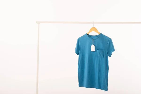 Blue Shirt Tag Hanger Hanging Clothes Rail Copy Space White — Stock Photo, Image