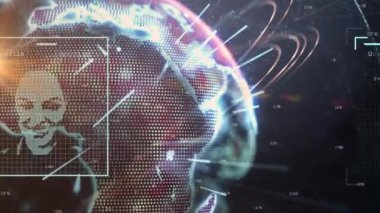 Dijital profil resimlerinin dünya çapında soyut arkaplan numaraları olan daireler üzerinde animasyonu. Dijital olarak üretilen hologram, illüstrasyon, iş, büyüme, şekil ve küreselleşme kavramı.