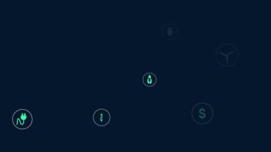 Karanlık arka planda ekolojik simgelerin ve bilgisayar veri işlemlerinin animasyonu. Küresel hesaplama, dijital arayüz ve veri işleme kavramı dijital olarak oluşturulmuş video.