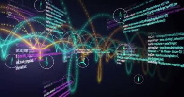 Siyah arkaplan üzerinde çoklu dijital simge ve veri işleme animasyonları. Bilgisayar arayüzü ve iş teknolojisi kavramı