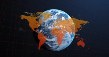Veri işleme animasyonu ve dünya haritasının mavi arka planla karşılaştırılması. Küresel ağ ve iş teknolojisi kavramı