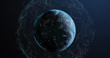 Mavi arka planda dünya üzerinde yüzen bağlantı ağının animasyonu. Küresel ağ ve iş teknolojisi kavramı