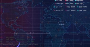 Mavi arka planla dünya haritasında istatistiksel ve borsa veri işleme animasyonu. Küresel ekonomi ve iş veri teknolojisi kavramı