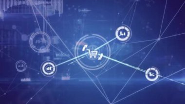 Karanlık arkaplan üzerindeki simgelerle veri ve bağlantı ağının animasyonu. Dijital olarak oluşturulmuş küresel bağlantılar, hesaplama ve veri işleme kavramı.