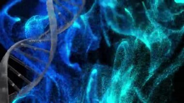 Aydınlatılmış mavi dinamik dalgaların üzerindeki DNA sarmalının siyah arkaplana karşı canlandırılması. Dijital olarak üretilen hologram, illüstrasyon, medikal, molekül, veri, bağlantı, sağlık ve teknoloji kavramı