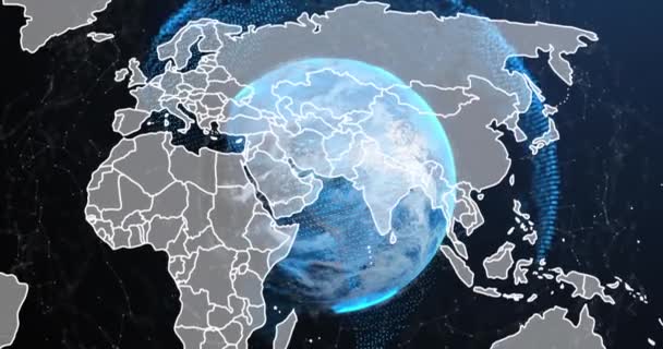 Animacja Mapy Świata Wirującej Kuli Ziemskiej Sieci Połączeń Niebieskim Tle — Wideo stockowe