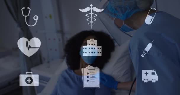 Animación Iconos Médicos Sobre Doctora Caucásica Paciente Con Mascarillas Concepto — Vídeos de Stock