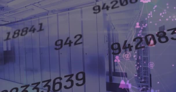 Animazione Numeri Cambiando Icone Connesse Sopra Sala Server Dati Composito — Video Stock