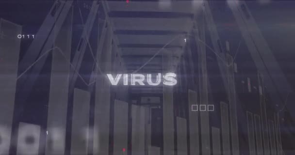 Animering Virustext Och Binära Koder Över Grafer Mot Låg Vinkel — Stockvideo