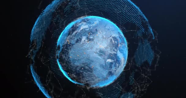 ブルーバックグラウンドに対する世界中の接続ネットワークのアニメーション グローバルネットワーキングとビジネス技術コンセプト — ストック動画