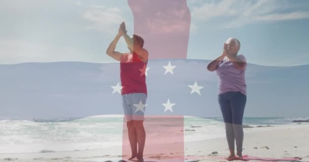 Animazione Bandiera Antille Olandesi Sopra Coppia Biracial Felice Che Medita — Video Stock
