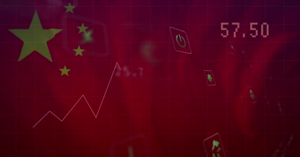 Veri Işleme Animasyonu Sallanan Çin Bayrağına Karşı Çoklu Dijital Simgeler — Stok video