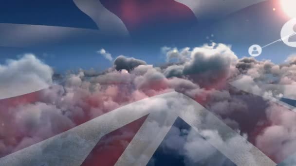 Animace Profilových Ikon Spojujících Čárami Nad Vlajkou Sjednoceného Království Cloudscape — Stock video
