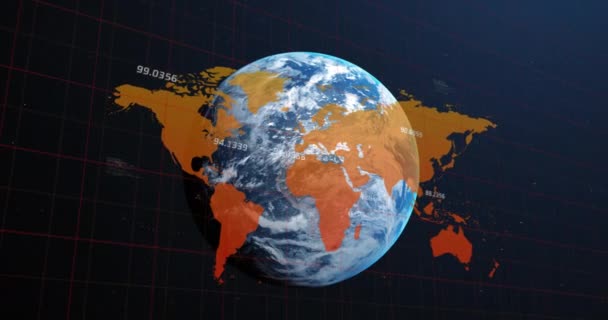 Animering Databehandling Och Världskarta Över Hela Världen Mot Blå Bakgrund — Stockvideo