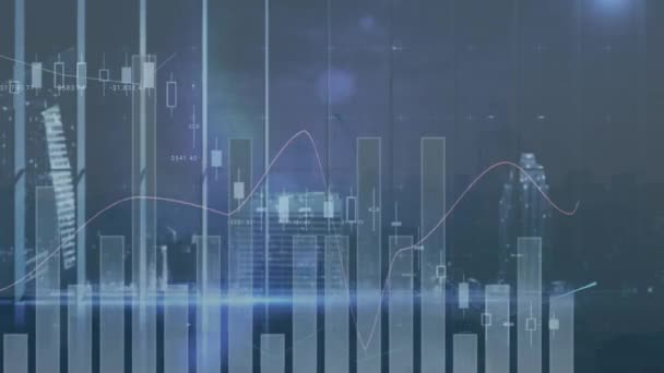 Animation Multiple Graphs Moving Illuminated Modern Skyscrapers City Night Digital — Stock Video