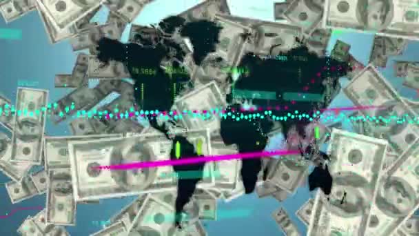 マップ上の複数のグラフのアニメーションと青い背景に対するドル紙幣の落下 デジタル複合 複数の露出 レポート ビジネス グローバルコンセプト — ストック動画