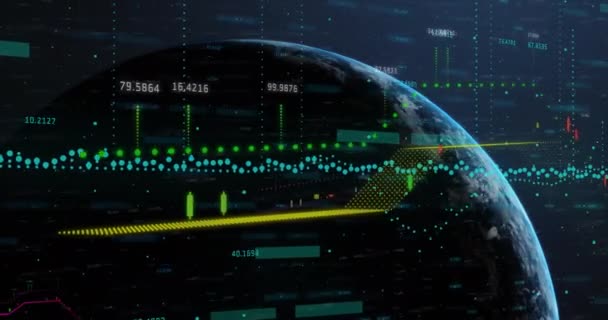 ブルーバックグラウンドに対する世界中の金融データ処理のアニメーション グローバルファイナンスとビジネスネットワーキング技術コンセプト — ストック動画