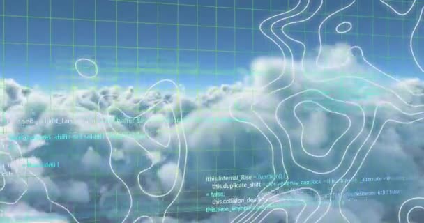 Animering Databehandling Och Topografi Över Nätet Mot Moln Himlen Globalt — Stockvideo
