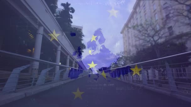 Animation Europeiska Unionens Flagga Karta Ekvationer Över Tiden Människor Som — Stockvideo